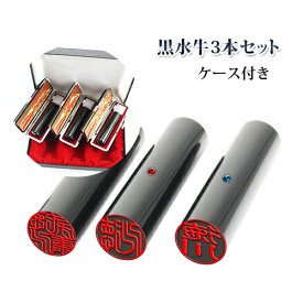 印鑑 はんこ 黒水牛印鑑3本セット 実印 銀行印 認印 はんこ・判子 はんこ名前 女性 男性 判子【黒水牛 実印＋銀行印＋認印 3本セット アタリ3個付＋印鑑ケース[黒/赤]3個付＋化粧ケース[個人印鑑ケース3個収納タイプ] 宅配便