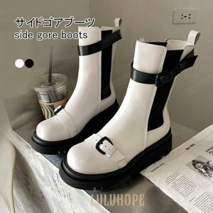 サイドゴアブーツ レディース ブーツ 秋 冬 ミドルブーツ サイドゴア レトロ 厚底 ローヒール ブーツ ピカピカ PUレザー 美脚 PUブーツ