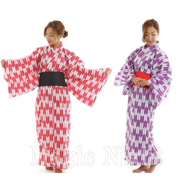 矢がすり着物 帯付き 【時代劇 サンバ ダンス 大奥 腰元 奥女中 演劇 舞台 矢絣 矢羽根 絣柄 衣装 コスチューム 仮装】マジックナイト MN247RD（赤着物-黒帯）・MN248PP（紫着物-赤帯）