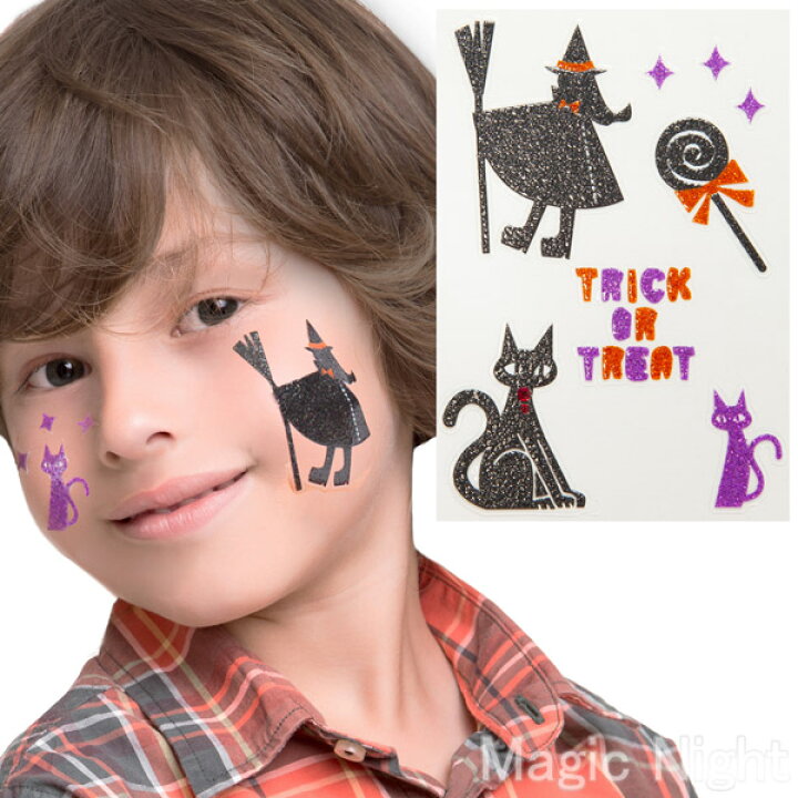楽天市場 フェイスシール Kidsシール 魔女と黒猫 ハロウィン 仮装 コスプレ メイク フェイスペイント フェイスタトゥ キッズ シール 定形外発送可 1p94円 2p140円 マジックナイト Rq42 ハロウィン仮装 マジックナイト
