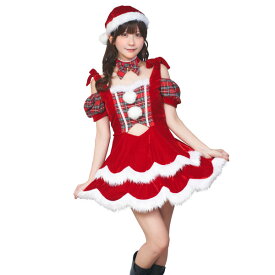 ファンメイド メルティサンタ【クリスマス サンタ服 ワンピース チョーカー 帽子 コスプレ 衣装 仮装 タータンチェック 赤 レッド 女性用 レディース 大人用】マジックナイト CS907602