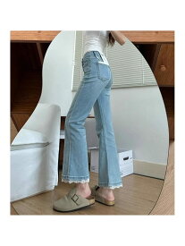 デニムパンツ レディース 裾レース ブーツカットパンツ ジーンズ ジーパン 9分丈 クロップドパンツ アンクル丈 ボトムス ズボン ストレッチ 楽ちん 体型カバー 春 美脚 細見え 着痩せ