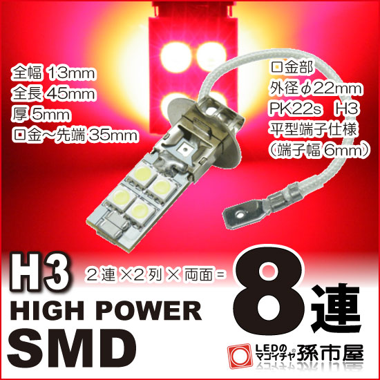 迅速な対応で商品をお届け致します 高品質 3チップ OUTLET SALE SMD フォグランプ LED H3 ハイパワーSMD8連 赤 車 PK22s プロジェクターヘッドランプ 孫市屋 レッド 12V H308-R