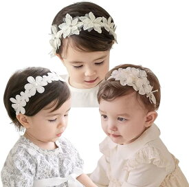 ヘアバンド (白-3点セット)ベビー ゴ ヘアアクセサリー 髪飾り レースバンド ヘッドドレス 女の子 新生児 出産祝い 誕生日 記念撮影 お祝い 結婚式