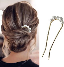 簪 かんざし U型　真珠 パールビジュー 髪飾り 結婚式 パーティー 着物 ドレス 振袖 留袖 浴衣 ヘアアクセサリー (ゴールド)