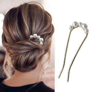 簪 かんざし U型 真珠 パールビジュー 髪飾り 結婚式 パーティー 着物 ドレス 振袖 留袖 浴衣 ヘアアクセサリー (ゴールド)