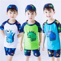 男の子用 水着3点セット ラッシュガード、スイムパンツ スイムキャップ 子供 キッズ ベビー 帽子付き キャップ付き 半袖 恐竜 男の子