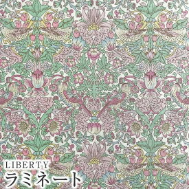 LIBERTYリバティプリント 国産つや消しラミネート(ビニールコーティング生地)＜Strawberry Thief Spring＞(ストロベリーシーフスプリング)【ピンク×グリーン】MATLAMI36300129-J22B《メルシー創業70周年記念 Merci's Platinum Jubilee 2022》