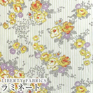 LIBERTYリバティプリント 国産つや消しラミネート(ビニールコーティング生地)【エターナル】<Lydia Stripe>(リディア・ストライプ)【グリーン×イエロー花】MATLAMI-DC33558YE