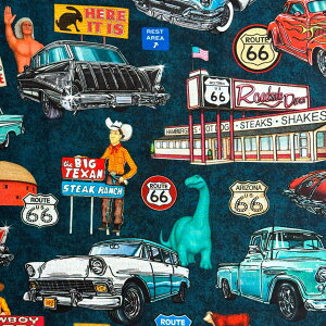 USA�R�b�g�� Route 66 Classic Cars And Icons(���[�g66�N���V�b�N�J�[)�l�C�r�[ ���C�݃J���t�H���j�A ���T���[���X �V�[�`���O���n QT Fabrics(QT�t�@�u���b�N�X)31668-N