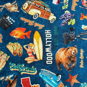 USA�R�b�g�� California Icons(�J���t�H���j�A�A�C�R��)�l�C�r�[ California Dreaming by Dan Morris �V�[�`���O���n QT Fabrics(QT�t�@�u���b�N�X)31347-N