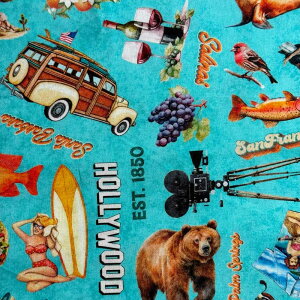 USA�R�b�g�� California Icons(�J���t�H���j�A�A�C�R��)�^�[�R�C�Y California Dreaming by Dan Morris �V�[�`���O���n QT Fabrics(QT�t�@�u���b�N�X)31347-Q