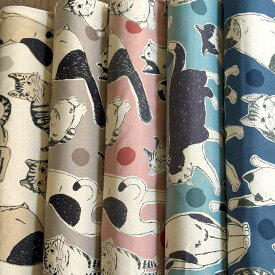 綿麻キャンバス生地 『Big猫』ビッグネコ 生成り/ベージュ/ピンク/ブルーグレー/ネイビー【猫柄/ねこ柄/動物柄/綿麻キャンバス】KTS7110