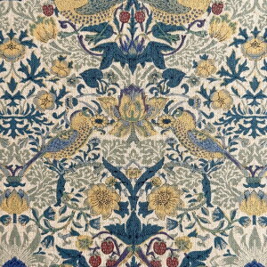 V&A William Morris ウィリアムモリス 綿麻キャンバス生地<Strawberry Thief>(ストロベリーシーフ)いちご泥棒【ブルー】VA10018S-B