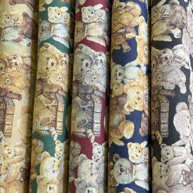 ゴブラン調プリント テディベア柄 綿麻キャンバス生地 ベージュ/グリーン/エンジ/ネイビー/ブラック YGA-86010-1