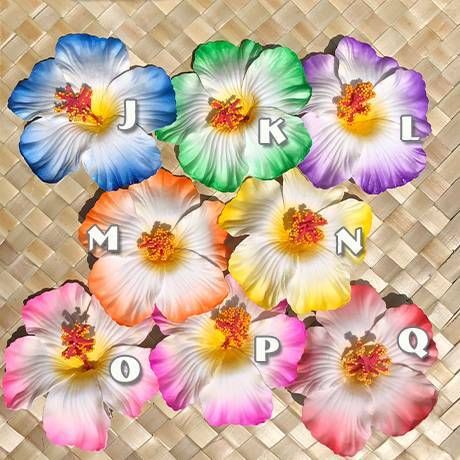 ハイビスカスウレタン素材ヘアクリップ白赤ピンクオレンジ黄色緑青紫トロピカルインテリア飲食店ディスプレイフラダンスタヒチアンダンスハワイハワイアン装飾飾り付け結婚式ウエディングパーティーリゾート婚ブライズメイド発表会お遊戯会文化祭