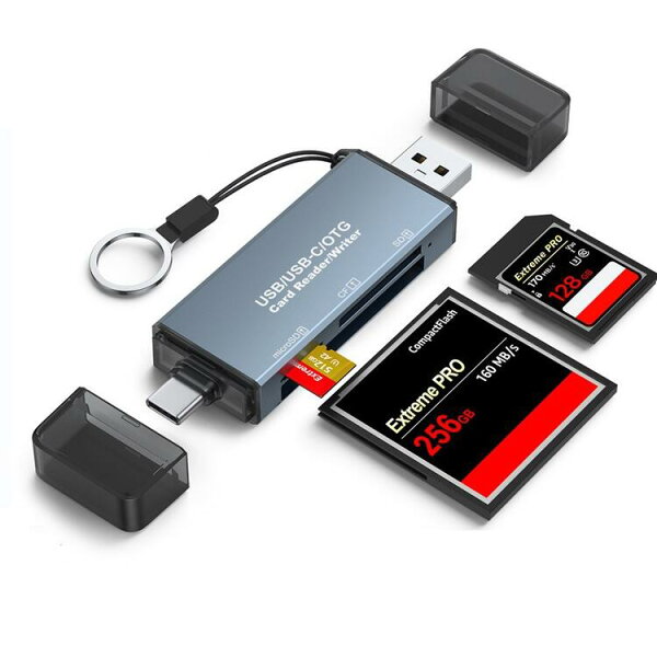 USB2.0 A/ USB Type C to SD(HC)/TF/CF コンパクトフラッシュ カードリーダー ライター フラッシュメモリー対応 USB-C/USB Card Reader For Type-C スマートフォン、Macbook シリーズ、ChromeBook Pixel、Windows PC、Type C仕様 iPhone /iPad対応　スペースグレイ