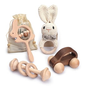 let's make ベビー 木製 ラトル ガラガラ ウサギ 4個セット 赤ちゃん おもちゃ 出産祝い 男の子 女の子 無塗装 幼児 ミニカー ギフト 贈り物 知育玩具