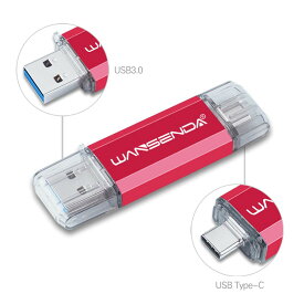 Wansenda Type-C USBメモリスマートフォンとパソコンで使えるType-C USB + USB 3.0両用メモリ (128GB, レッド)