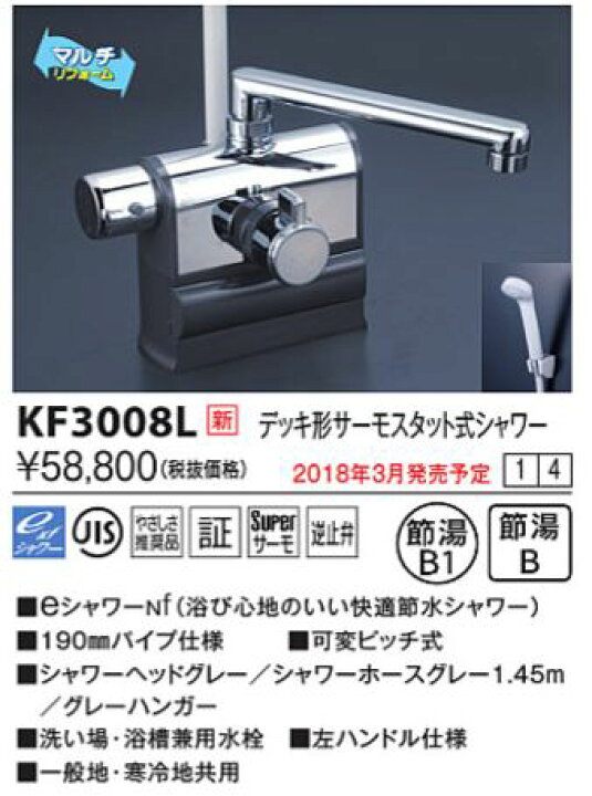 楽天市場】KVK KF3008L デッキ形サーモスタット式シャワー 左ハンドル 