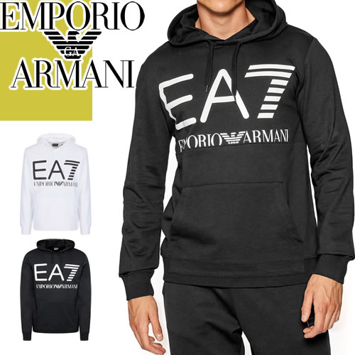 エンポリオ アルマーニ EMPORIO ARMANI EA7 パーカー プルオーバーパーカー メンズ ロゴ プリント 長袖 ブランド 大きいサイズ 黒  白 ブラック ホワイト Logo Series Hooded Sweatshirt 6KPM69 PJBWZ [S] | MSS（エムエスエス）