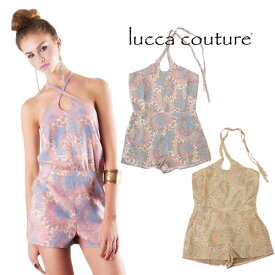 ルッカクチュール lucca couture サロペット オールインワン レディース ショートパンツ キャミソール 夏 きれいめ リネン 大きいサイズ おしゃれ ブランド ホルダーネック ペイズリー柄 ベージュ ピンク [CP発送]