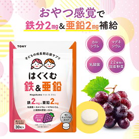 【ポイント10倍】TONY こども鉄＆亜鉛チュアブル 鉄2mg 亜鉛2mg カルシウム マグネシウム ビタミンC DHA配合 おいしいグレープ味 偏食対策 成長期サポート 国内製造 30日分
