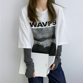 ビッグシルエットが可愛いオーバーサイズTシャツ　カジュアル　韓国　ミドル丈　フロントプリント