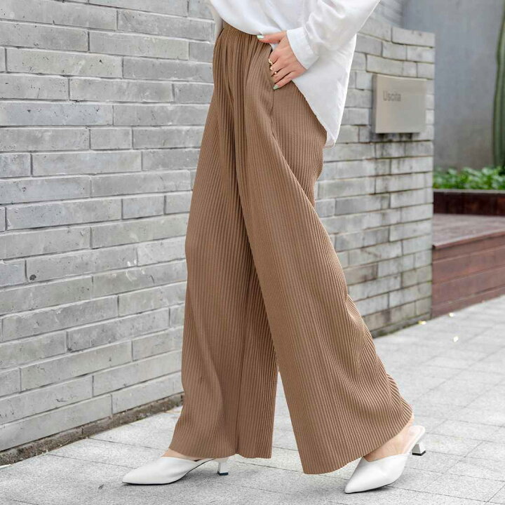 楽天市場】ワイド美シルエットハイウエストフレアパンツ プリーツ素材 