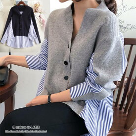 カーデ Vネック ストライプ フェイクシャツ トップス 長袖 かわいい トップス キレイめ アシンメトリー 切替し 体型カバー夏 夏服 韓国ファッション