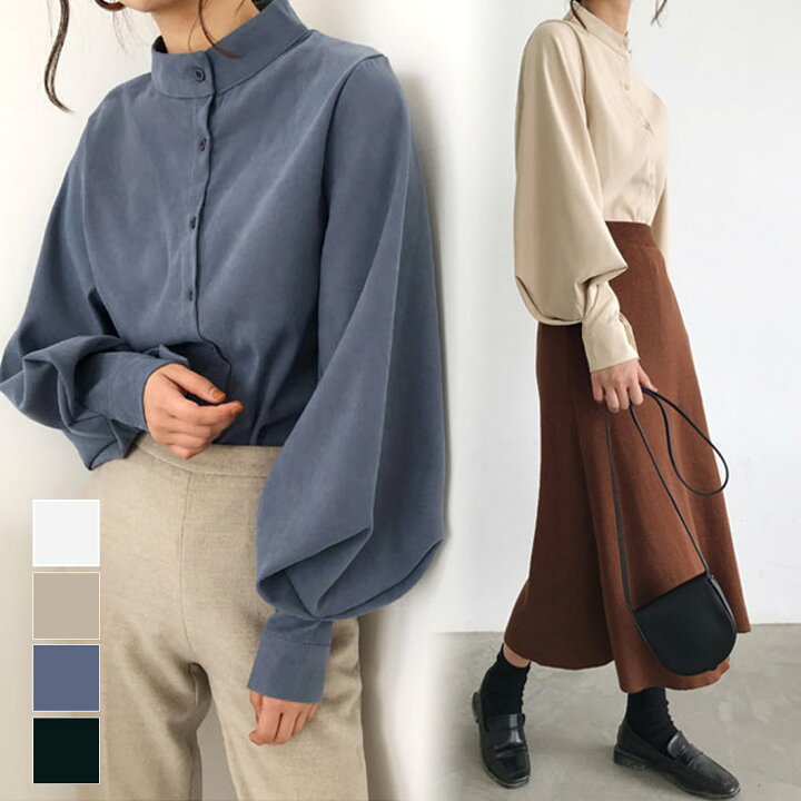 楽天市場】ボリュームスリーブノーカラーシャツ。きれいめオフィス  