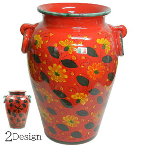 イタリア製 陶器 傘立て レッド/ アンブレラスタンド 傘 傘たて 傘立 花柄 ハンドメイド レッド 赤 壺 つぼ 花瓶 小物 雑貨 玄関 収納 インテリア 輸入雑貨 高級 イタリア家具 アンティーク ス