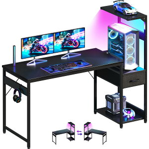 AODK �Q�[�~���O�f�X�N �p�\�R���f�X�N LED�t�� ��140cm�i�� �j �� pc�f�X�N gaming desk �����o��&�I�t�� �Q�[�~���O�e�[�u�� �Q�[���f�X�N �t�b�N�t�� ���E����ւ��Ή� �J�[�{�����u���b�N