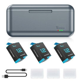 Vemico GoPro Hero 12バッテリー 充電器セット 3*1800mAh Hero 12/11/10/9 ブラック用 3個セットゴープロ予備バッテリー チャージャー Type C USB 収納式 急速充電器セット 対応種類 (Gopro Her