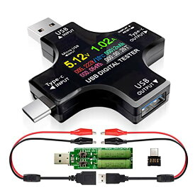 USB Cテスター、2 in1タイプCUSBテスターカラースクリーンIPSデジタルマルチメーター、電圧、電流、電力、抵抗、温度、容量検出器、クリップケーブル付きサポートPD2.0 / PD3.0、QC2.0 / QC3.0