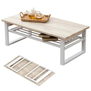 萩原 ローテーブル センターテーブル 折りたたみ式 棚付き テーブル 机 【木目調天板×スチール脚】 インダストリアル リビング ソファテーブル 幅90 ホワイト 頑丈 LT-4398WH