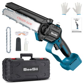 【2025年最新型】 SEESII 充電式チェーンソー 電動6インチ ハンディチェーンソー コードレス小型のこぎり 工具不要チェーン調整 自動給油機能搭載 強力・軽量・片手操作可 竹・木材・枝の切断や薪作りに最適 マキタ18Vバッテリー互換 【本体のみ・バ