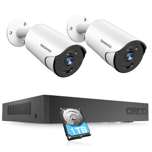 【500万画素・AI人体検出・カラー暗視】SOOHAO 防犯カメラ poe給電 監視カメラ 防犯カメラセット 有線 1920P 双方向音声 H.265 録音 録画 IP66防水防塵 遠隔監視 屋内 屋外 4台まで増設可 (poeカメラ2