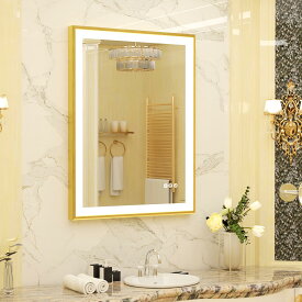 Susire 洗面鏡 壁掛け ゴールド 60x80cm 大きい おしゃれ ledライト付き 照明 大型 洗面所の鏡 浴室用化粧鏡 長方形 女優ミラー 調光 トイレ ドレッサー 美容室 バスルームミラー くもらない