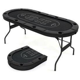 GYMAX ポーカーテーブル 8人用 ポーカーマット 麻雀卓テーブル 幅182*奥行82*高さ75cm 折りたたみ 組み立て不要 カップホルダー付き 安定 スムース加工 滑り止め ポーカー カジノ テーブル テキサスホールデム カードゲーム (ブラック)
