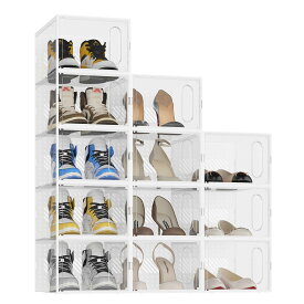 JOISCOPE の頑丈な12つの靴箱、透明PPプラスチックは靴箱を積み重ねることができて、磁気ドアを持って、空間を節約する靴棚容器、多層スイッチドアおもちゃ箱文具化粧品、廊下と入り口、ホワイト