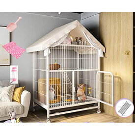 Puhang ペット うさぎケージ 小動物ケージ ペットケージ 大きい ウサギ 猫 小型犬 飼育ゲージ キャスター・屋根・トレイ付き ケージ 小屋 天井扉 ワイヤーケージ ウサギ巣 中大型 室内飼い プレイサークル 移動便利 組み立て簡単 掃除しやすい 通