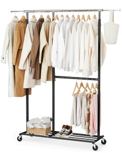 HOKEEPER ハンガーラック パイプハンガーラック 耐荷重150KG 業務用 大容量 収納ラック 物干し スタンド 洋服ハンガー 衣類収納 棚付き 縦横伸縮 高さ調節可能(ブラック)