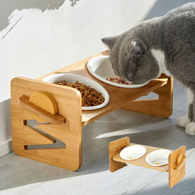【SS限定★10%OFF 送料無料】 猫食器 ネコボウル ねこエサ入れ 食器スタント スタンド ねこ給食 ペット ボウル 餌入れ エサ入れ えさ 台 水飲み ボウル 水入れ お皿 ご飯皿 水分補給 ネコ 小型犬 可愛い 高度調整 竹製 ねこ ご飯台 陶製 フードボウル 斜め