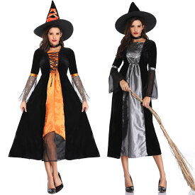 ハロウィン コスプレ 衣装 仮装 セクシー レディース 魔女 セット オレンジ シルバー セクシー コスチューム ハロウィンコスプレ halloween 可愛い 衣服 ワンピース 帽子付き 魔法使い ダンス衣装 女性用 巫女 悪魔 送料無料
