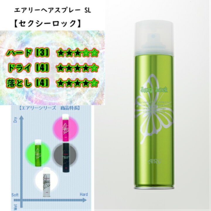 楽天市場 新パケ 送料無料 Airy エアリー ヘアスプレー Sl セクシーロックタイプ 無香料 楽天ランキング１位 おすすめ 日本編みおろし会 サロン専売 エアリースプレー プロのヘアメイクさん達から絶大な支持を得る注目アイテム メイクの達人 楽天市場店