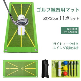 ゴルフマット ゴルフ練習用 マット スイング分析 50×2cm 11点セット 軌跡確認 ドライバー 素振り 滑り止め 固定用穴 ボール カラビナ　ペグ 室内 屋外 練習器具 パター練習 スイングチェック 跡がつく 練習マット スイング練習 ショットマット ゴルフ用品