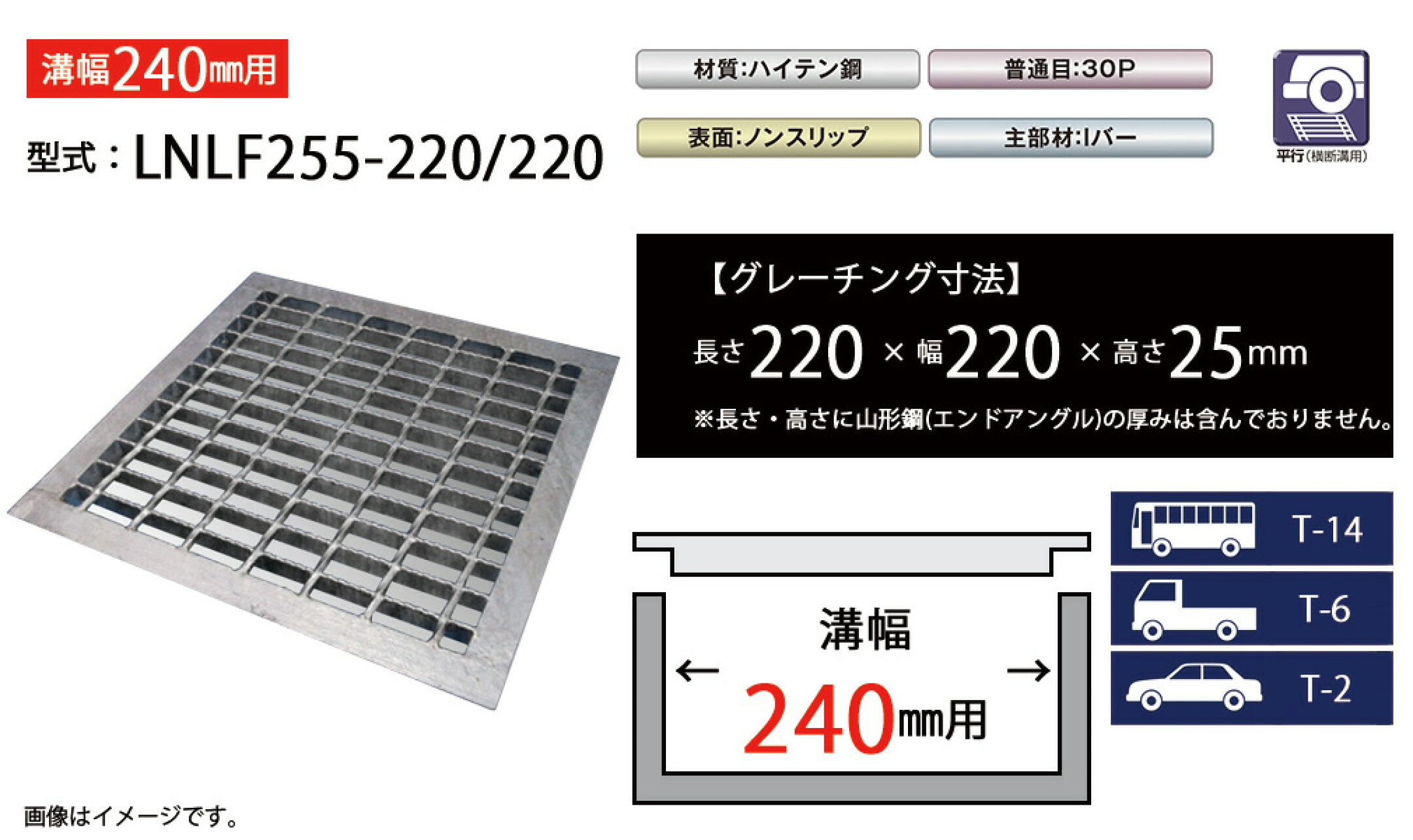 四面つば付きグレーチング　溝幅240mm　LNLF255-220/220
