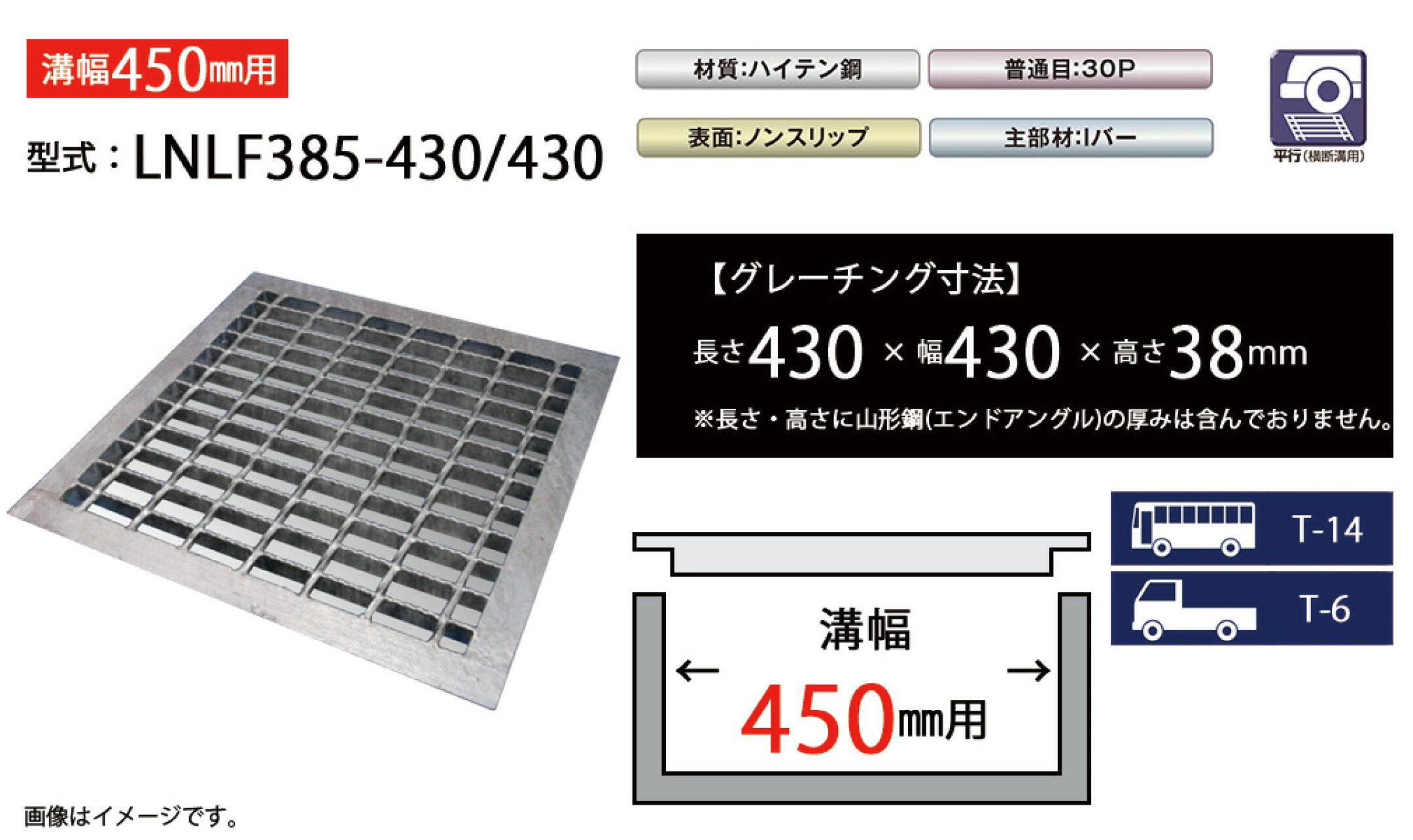 四面つば付きグレーチング　溝幅400mm　LNLF385-430/430