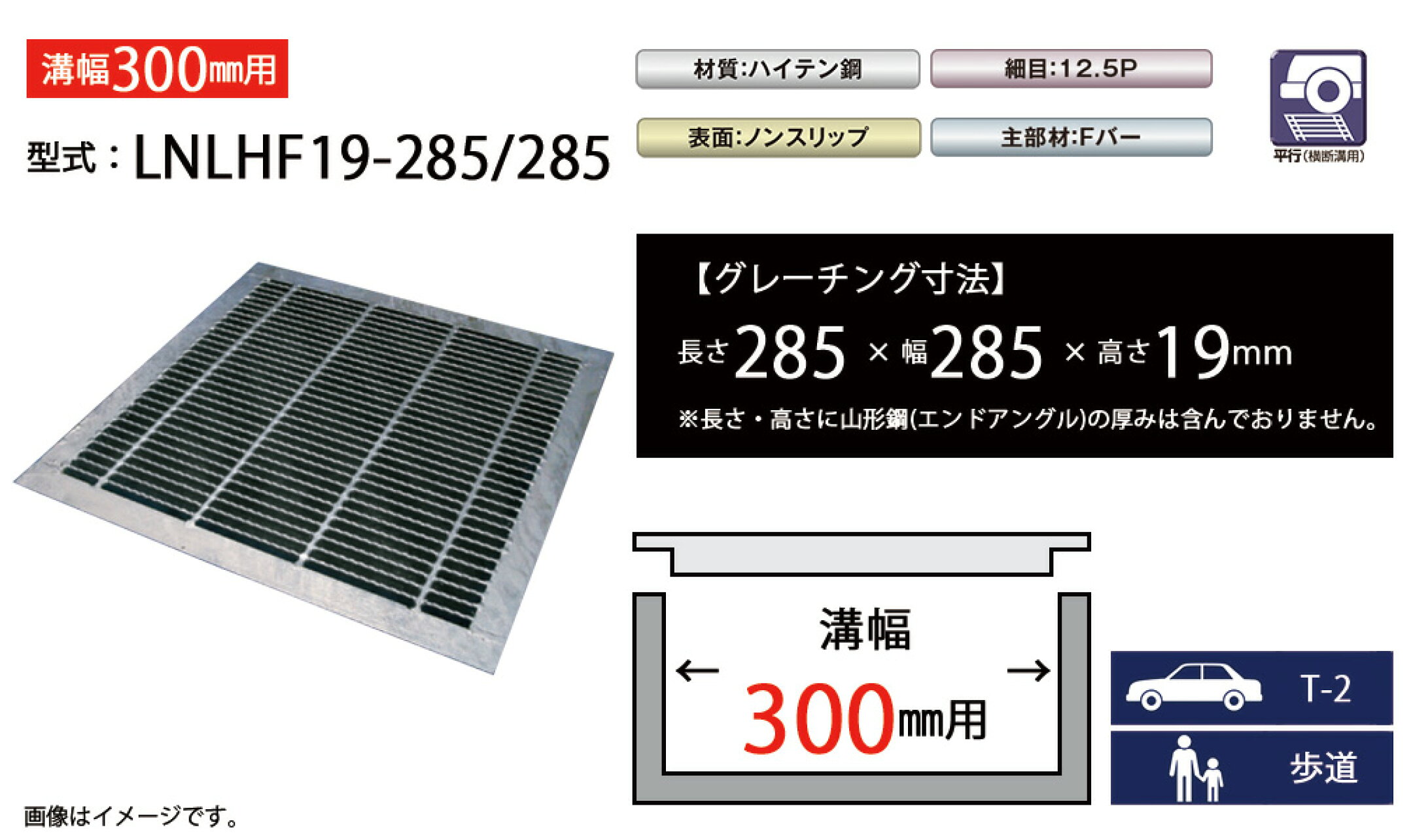 四面つば付きグレーチング　溝幅300mm　LNLHF19-285/285